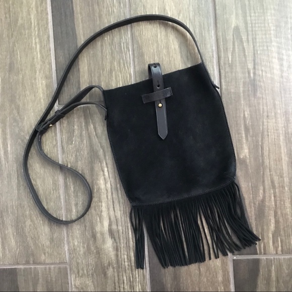 black suede fringe crossbody bag